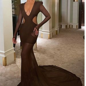 Chocolate Mesh Cut Out Layered Maxi Dress
